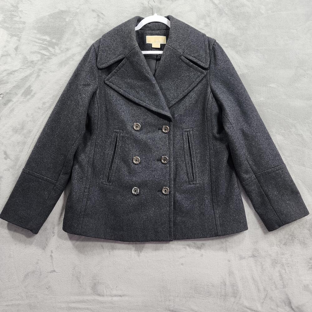 Michael Kors Coat Women L Gray Wool Double Breasted Peacoat Tweed Preppy Classic